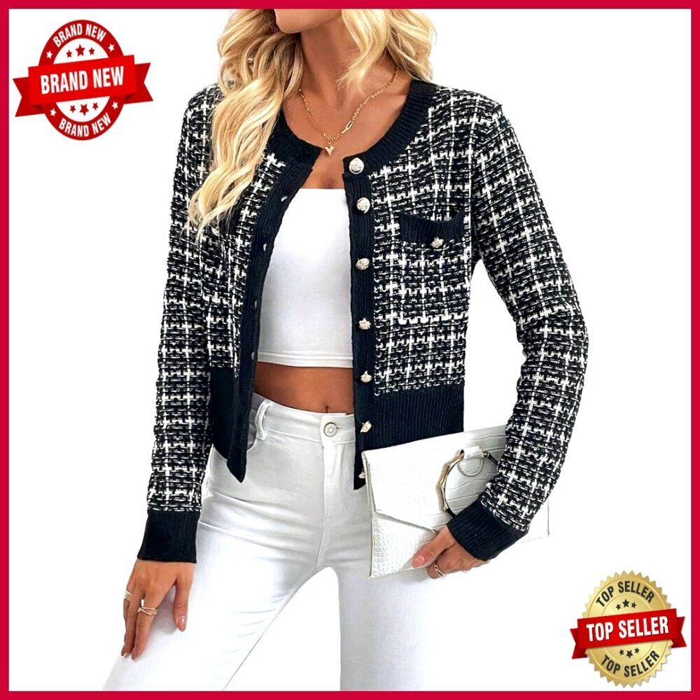 Tweed Plaid Cardigan Blazer Button Front Crew Neck Long Sleeve Knit Jacket